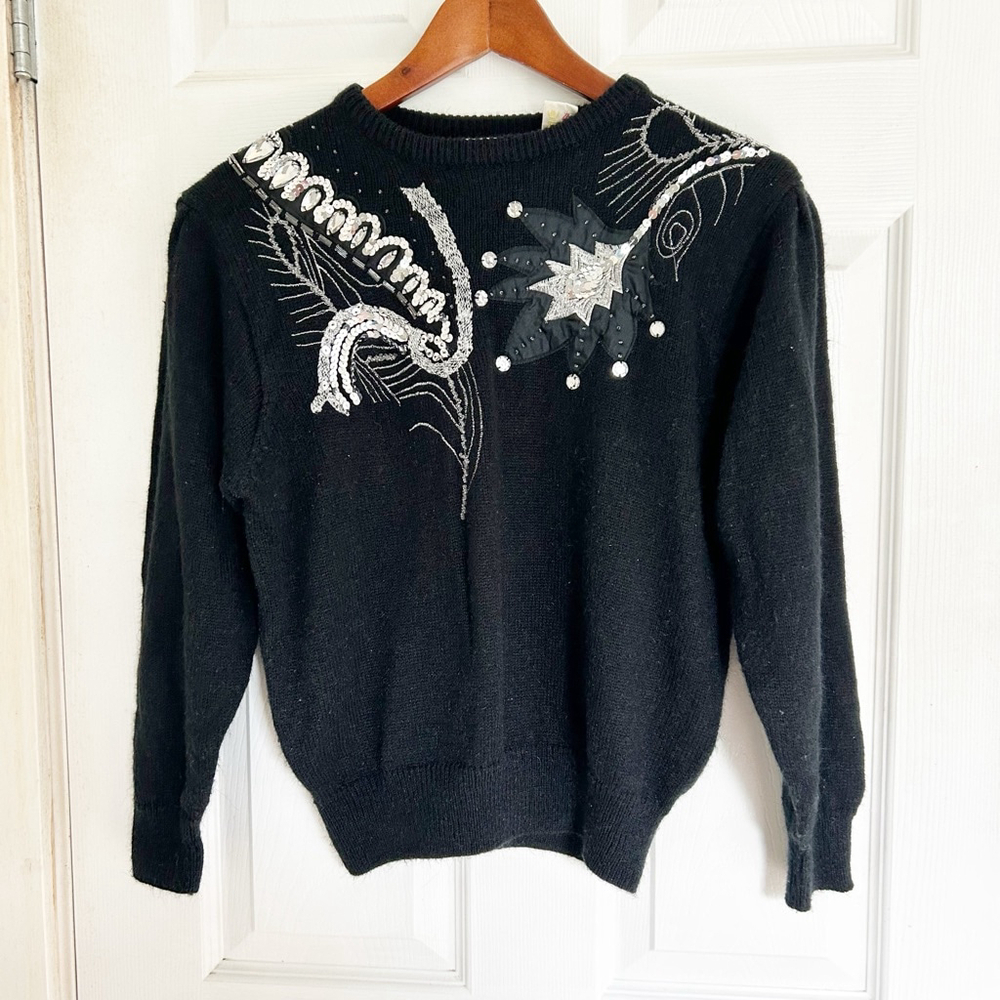 Vintage 80’s Cross Roads Black & Silver Embellished Sweater Size M Sequins - Picture 6 of 11